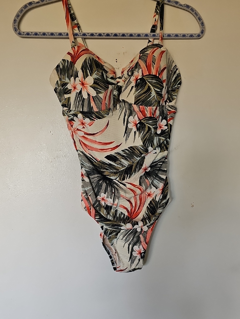 KONA SOL Tropical Floral Cream & Coral Women's Bathing Suit.